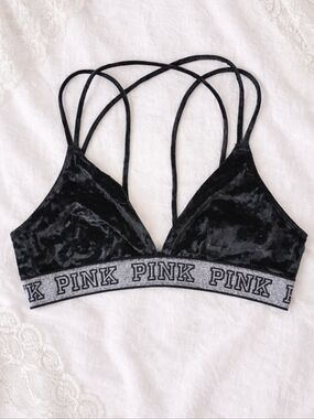 PINK Victoria's Secret Black Velvet Strappy Logo Bralette